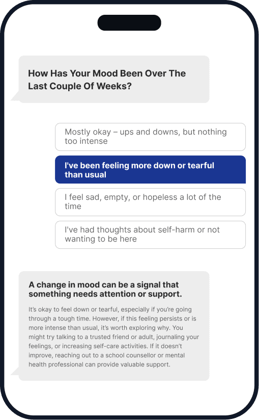 Daily vibe check wellbeing prompt displayed on a mobile screen