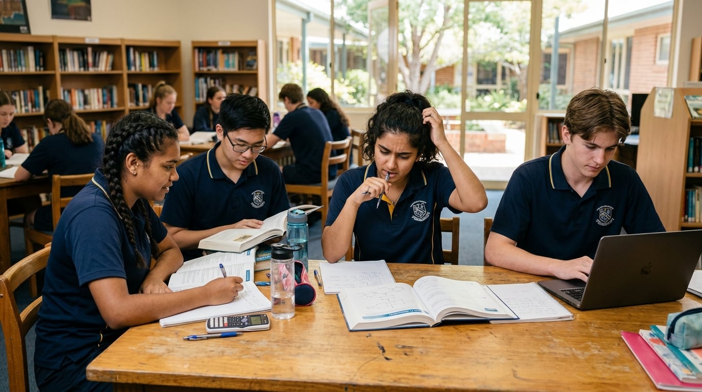 Australian students in school uniforms studying together